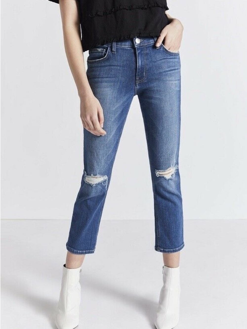 Current/Elliott Boyfriend Blue Distressed Cropped Straight Jeans